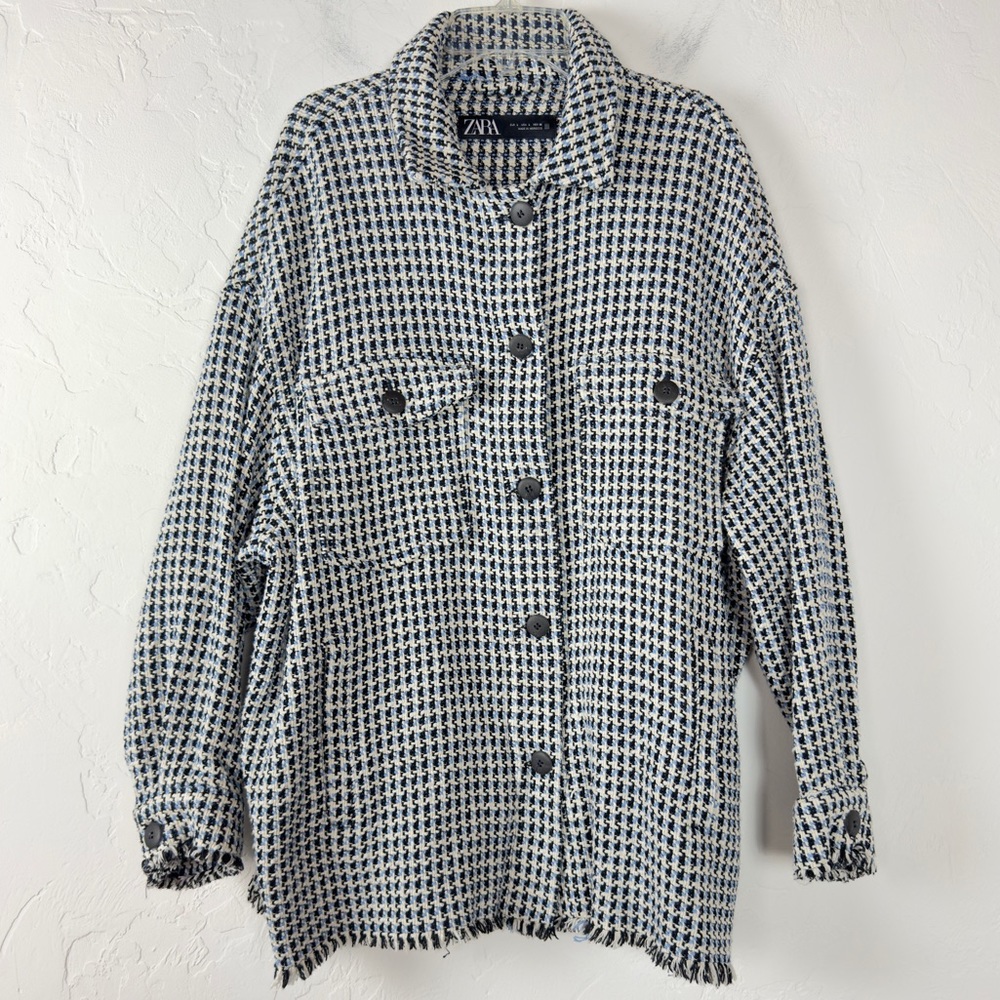 Zara Jacket Shacket‎ Coat Knit Woven Button Down Front Blue Black White Tweed